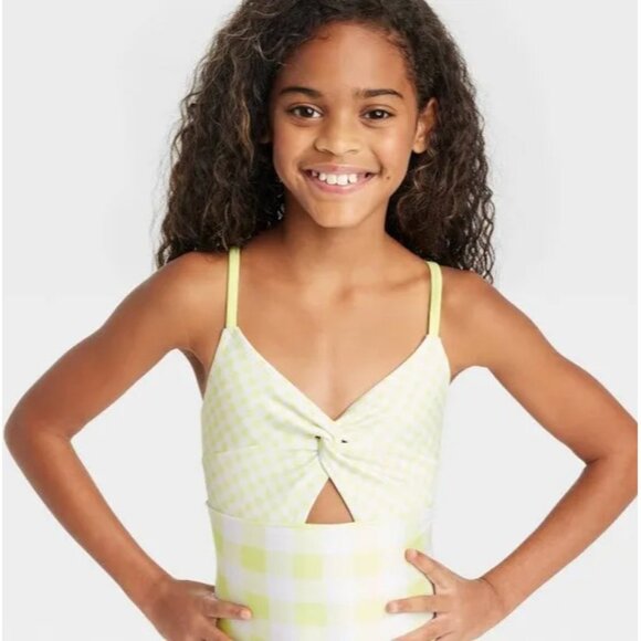 Girls Yellow & White Gingham One-Piece Swimsuit With Knot & Cutout Detail By Cat - Picture 3 of 4